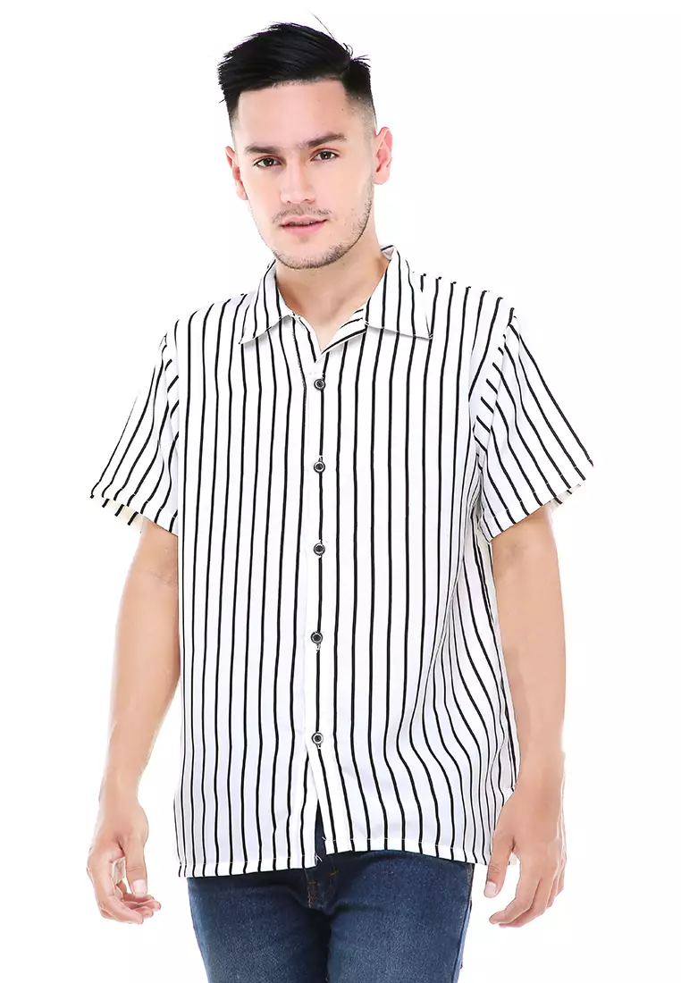 Dwan Atasan Kemeja Pria Vertical Lines Casual Shortsleeve Shirt Material Cotton ORIGINAL - White