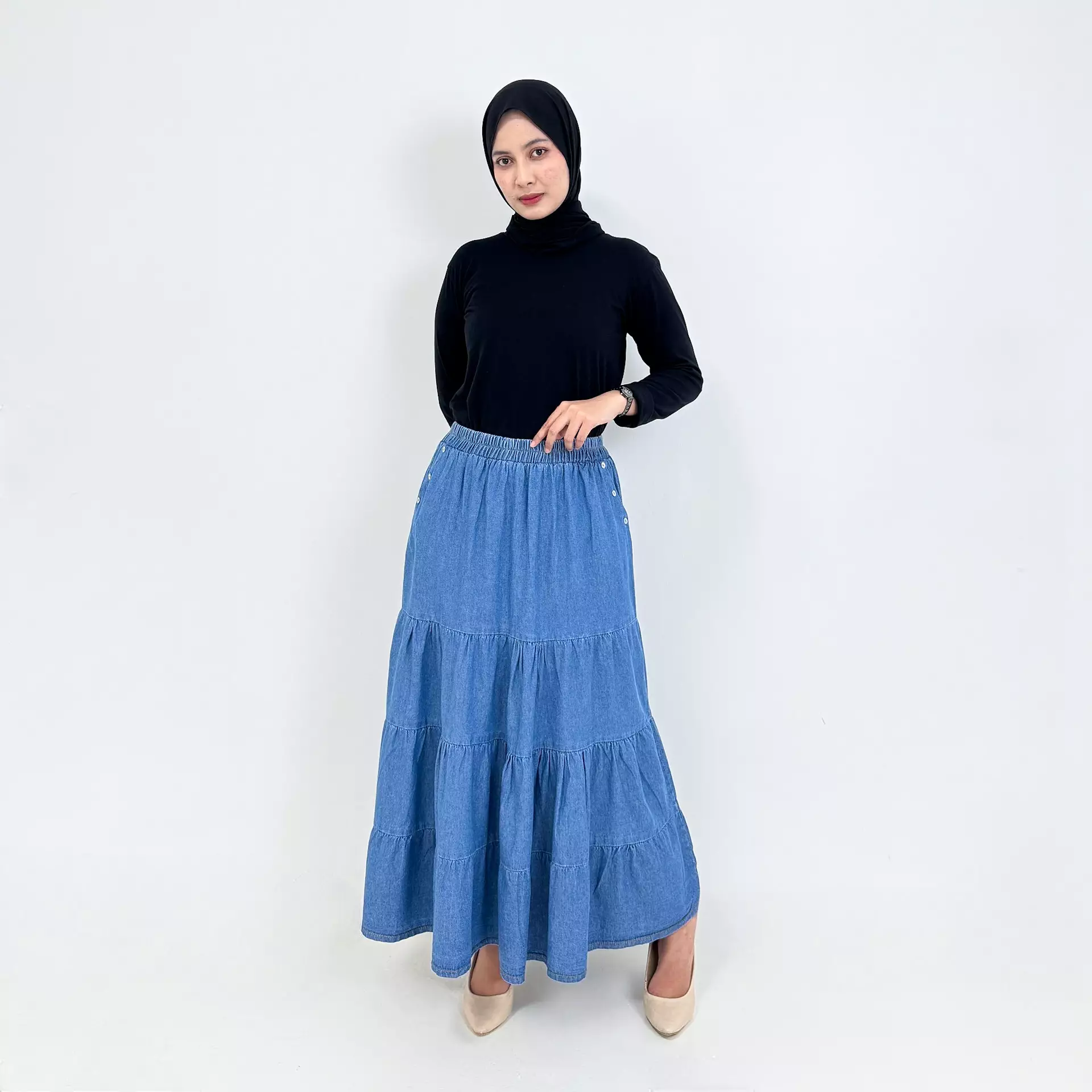 Evy Long Skirt Denim [BIRU MUDA]