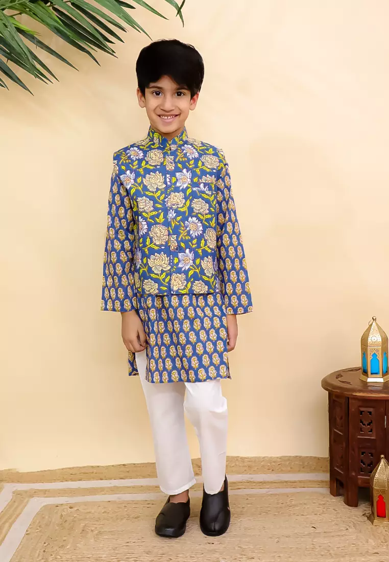 The Mom Store Blaze Boys Jacket And Kurta Pajama Set - Blue