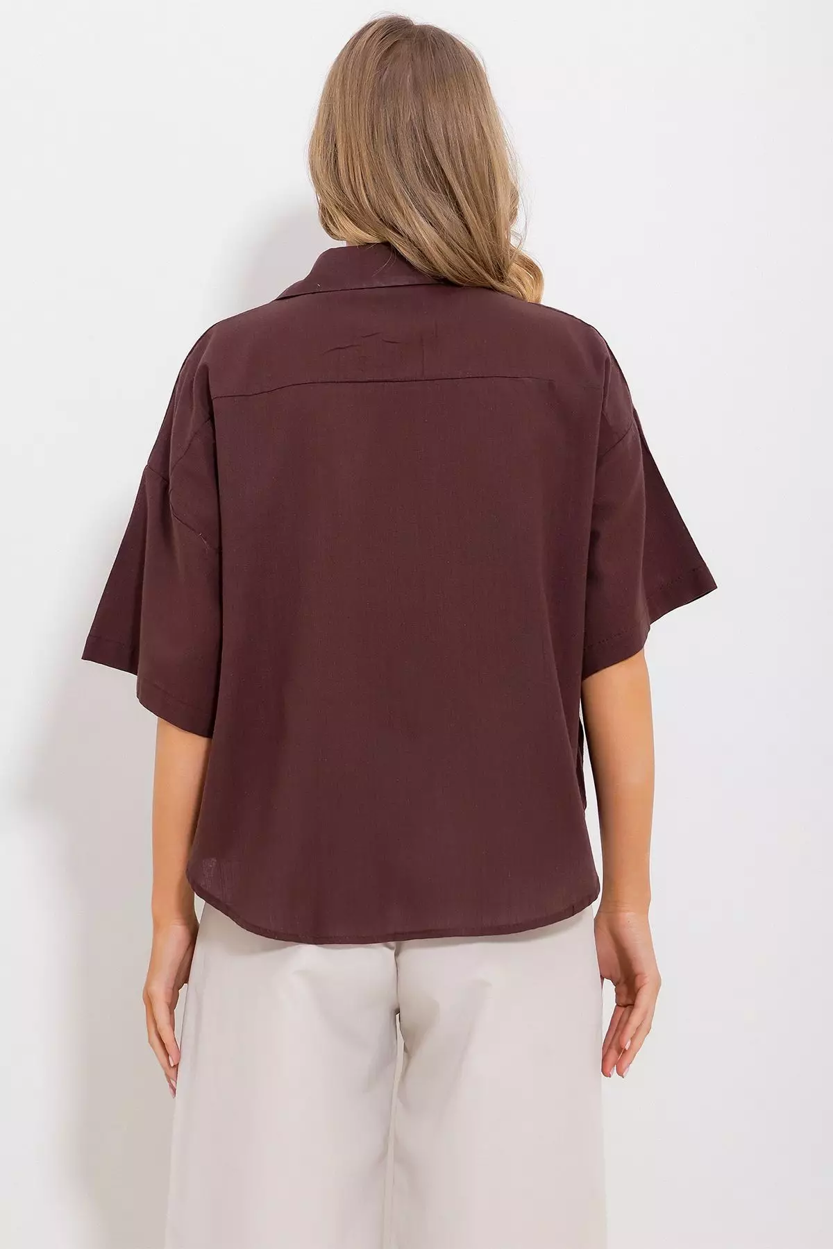 Women's Brown Double Pocket Half Sleeve Linen Shirt Alc-X9991