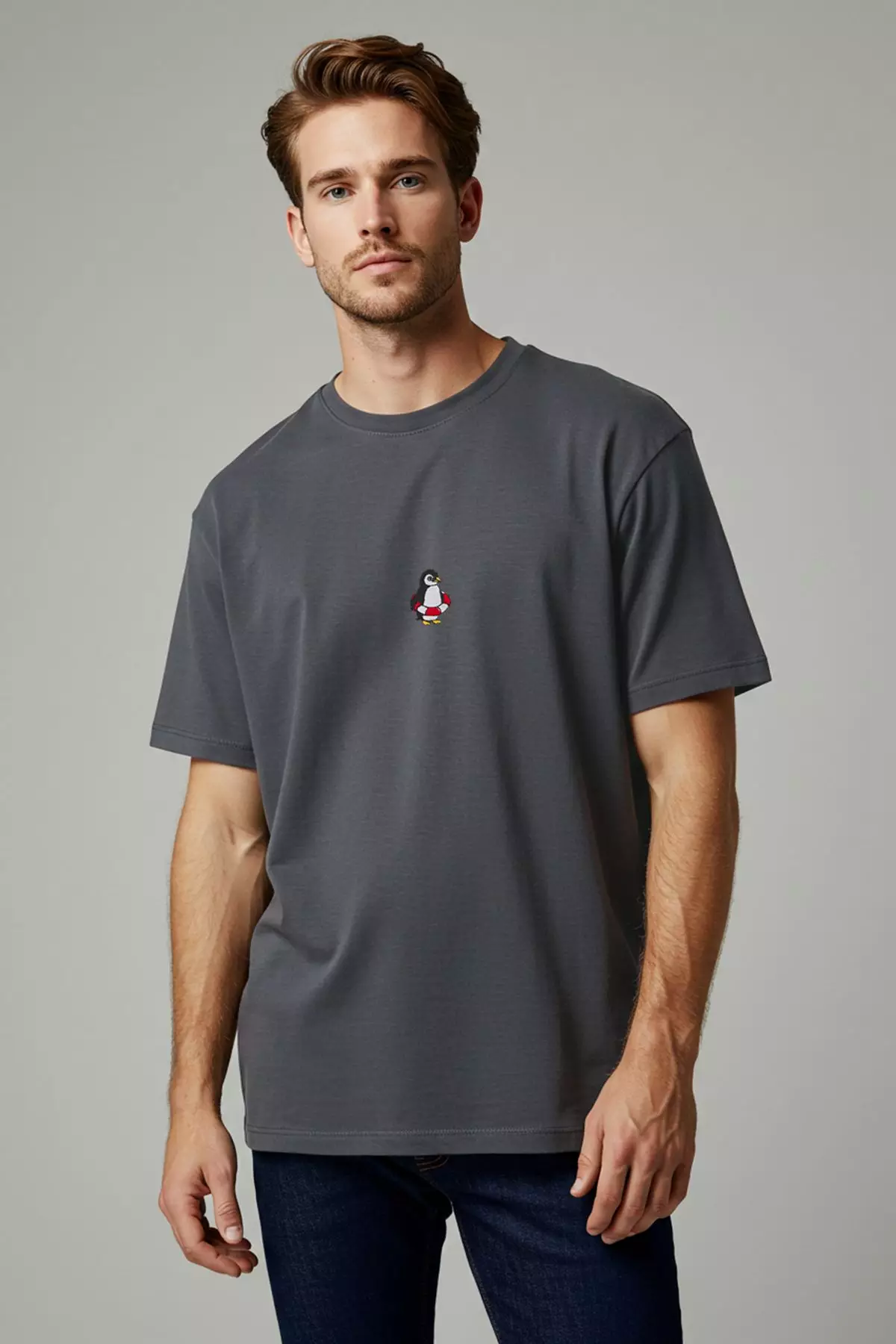 Anthracite Oversize/Wide Cut Penguin Embroidered 100% Cotton T-Shirt TMNSS23TS00243