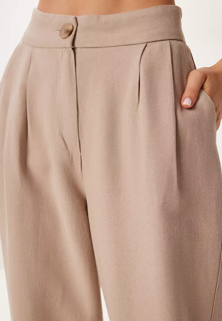 Women's Beige Pocket Linen Shalwar Trousers Bv00164