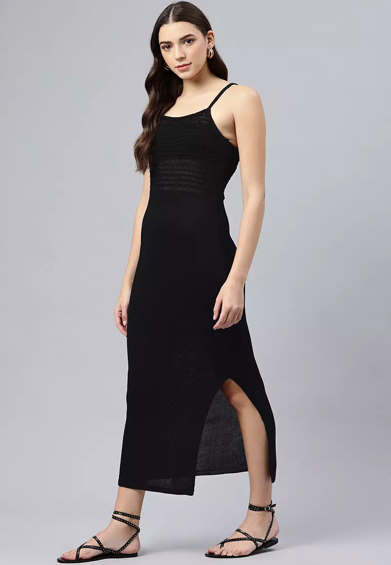 Black Straight Side Slit Dress