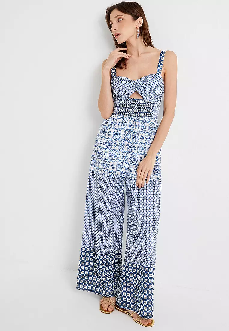 Wide Leg Jumpsuit Patterned Window Detailed Strap Gimped Cotton