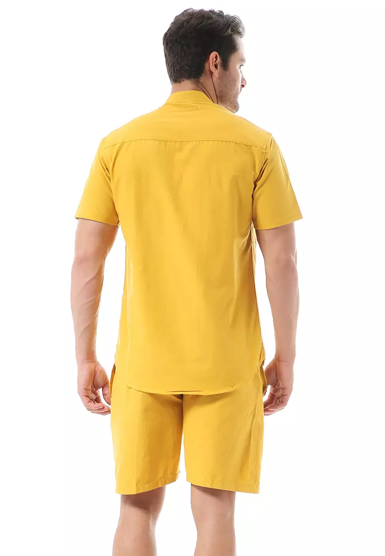 Vincent Kurta Set Pendek Motif Polos Setelan Pria Short Sleeve Material Cotton ORIGINAL - Mustard