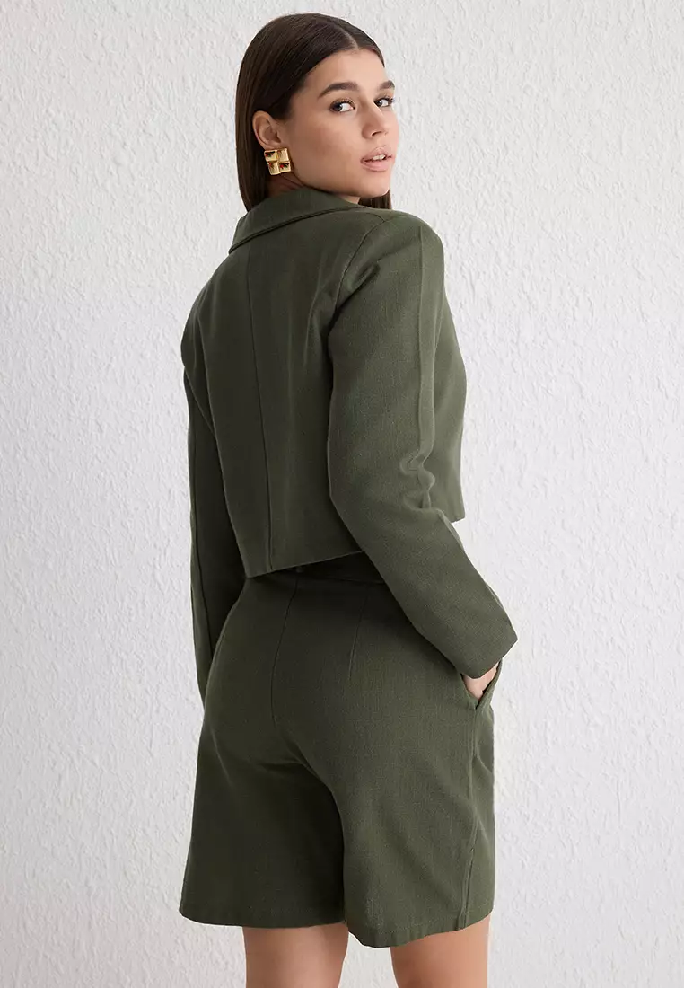 Khaki Linen Look Double Breasted Crop Short Woven Blazer Jacket