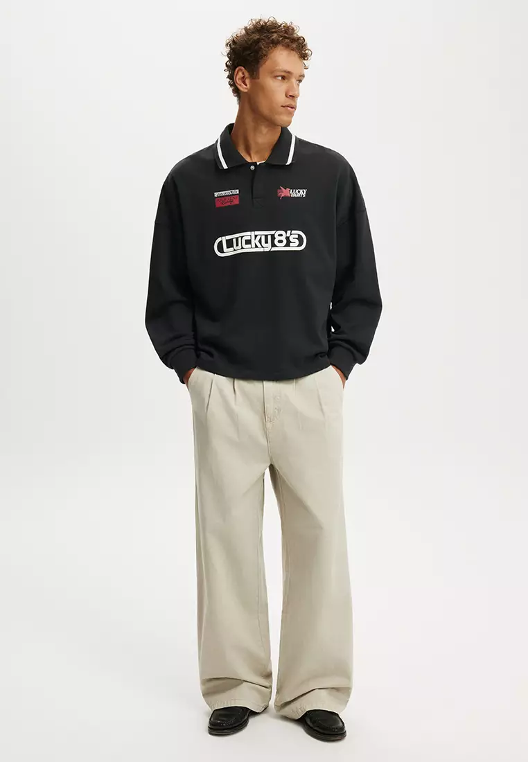 短版印花抓絨POLO衛衣