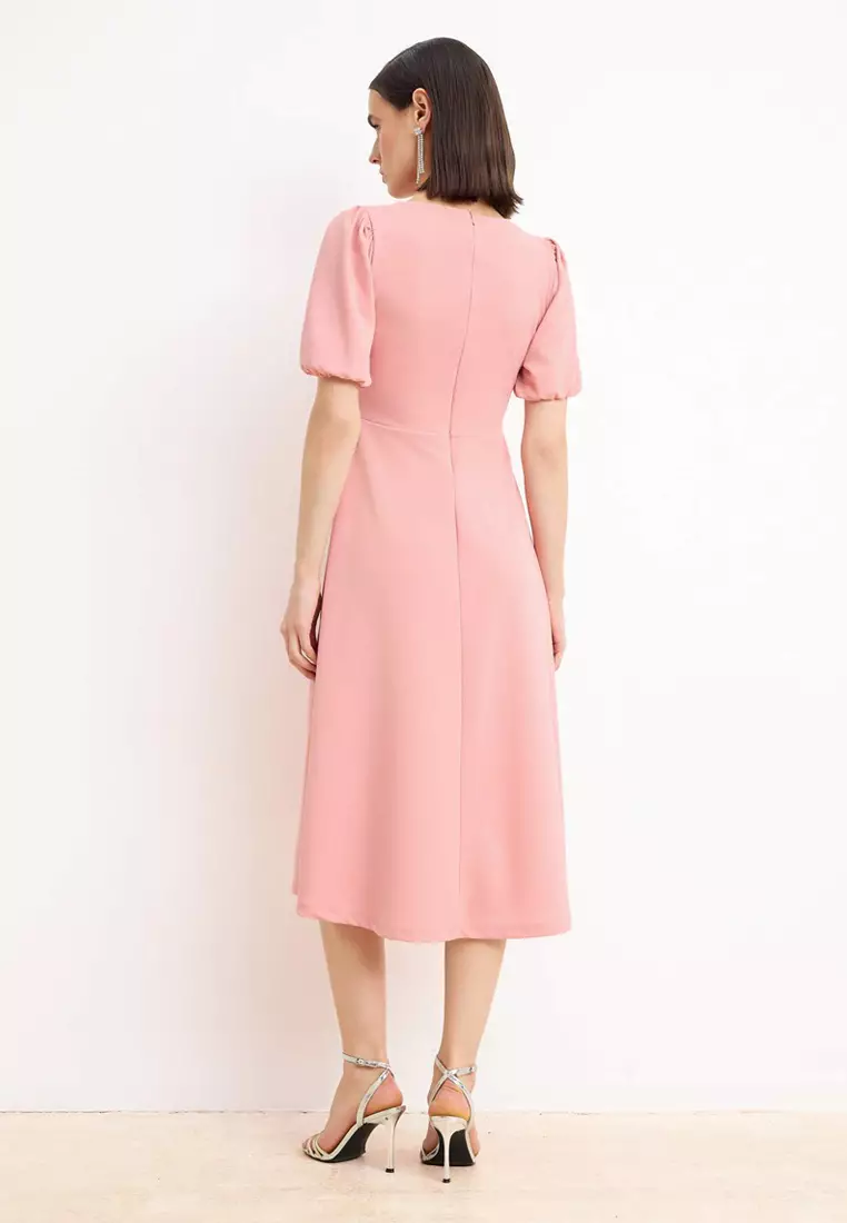 Light Pink Plain Skirt With Bow At The Waist, Knitted Finike Midi, Unlined, Stylish/Evening Dress
