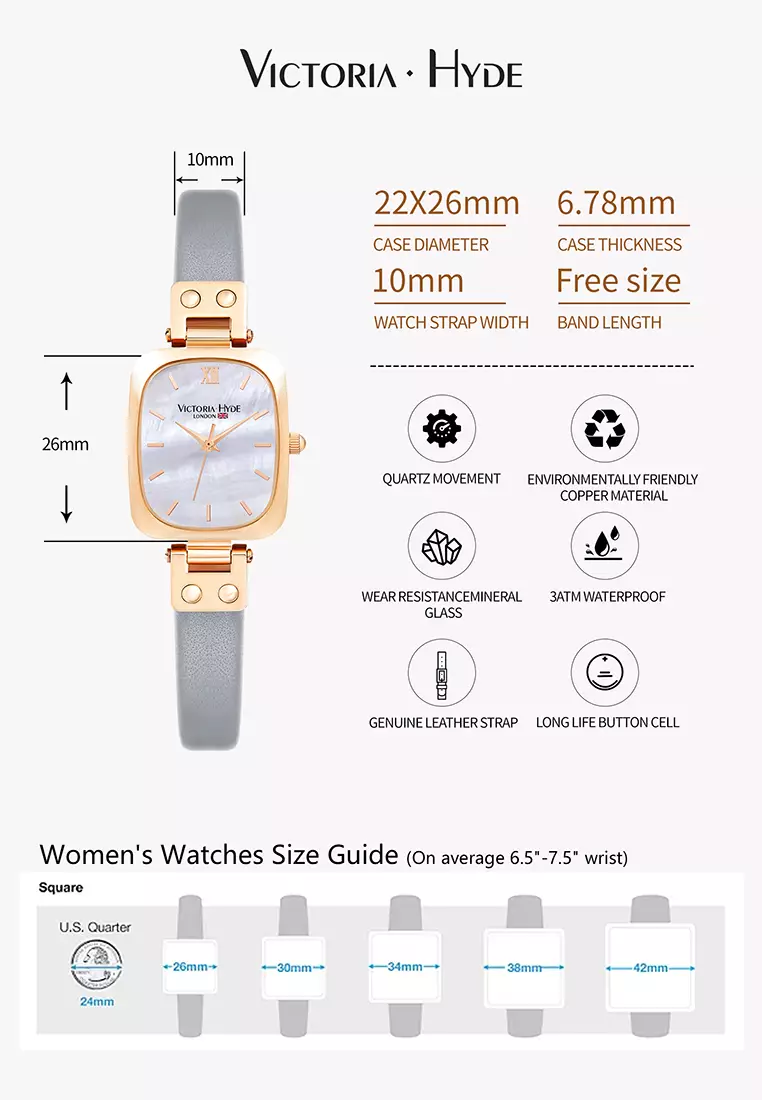 Vivian 22×26mm女士手表 皮革表帶 長方形天然貝母表盤 優雅經典-灰色