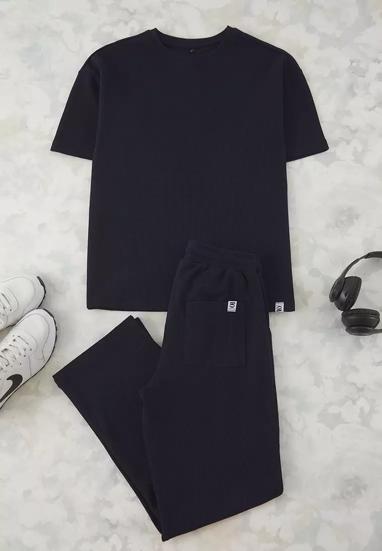 Indigo Oversize/Wide Cut Textured Tracksuit Set Tmnss25Em00010