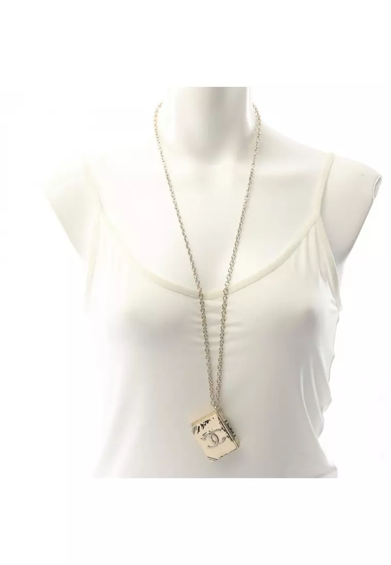 Pre-Loved Chanel coco mark book motif necklace GP gold black B22C