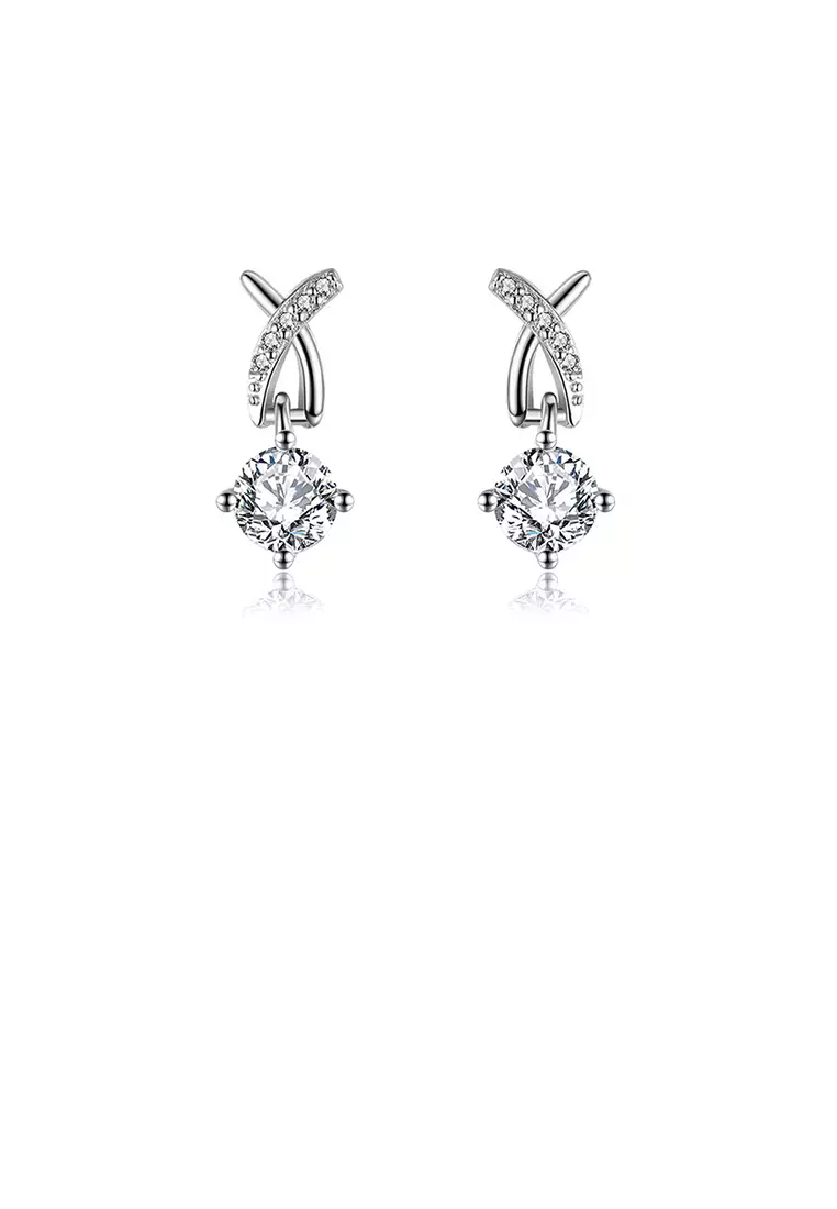 925 Sterling Silver Simple Temperament Cross Geometric Earrings with Cubic Zirconia