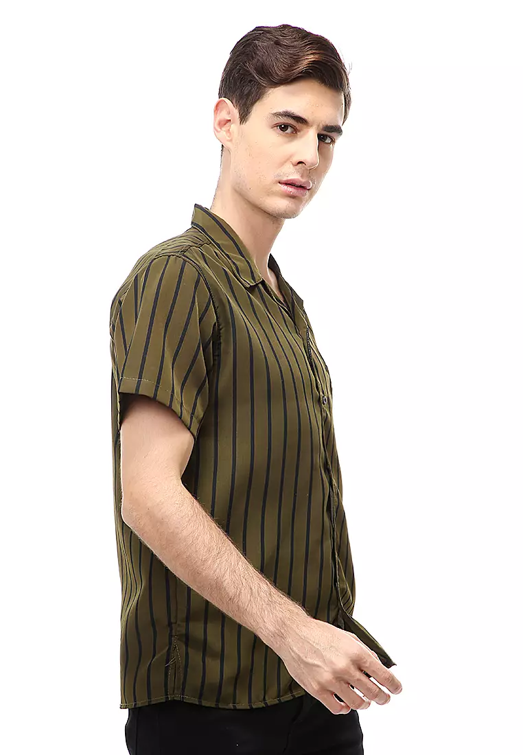 Dwan Atasan Kasual Pria Kemeja Salur Lengan Pendek Material Cotton ORIGINAL