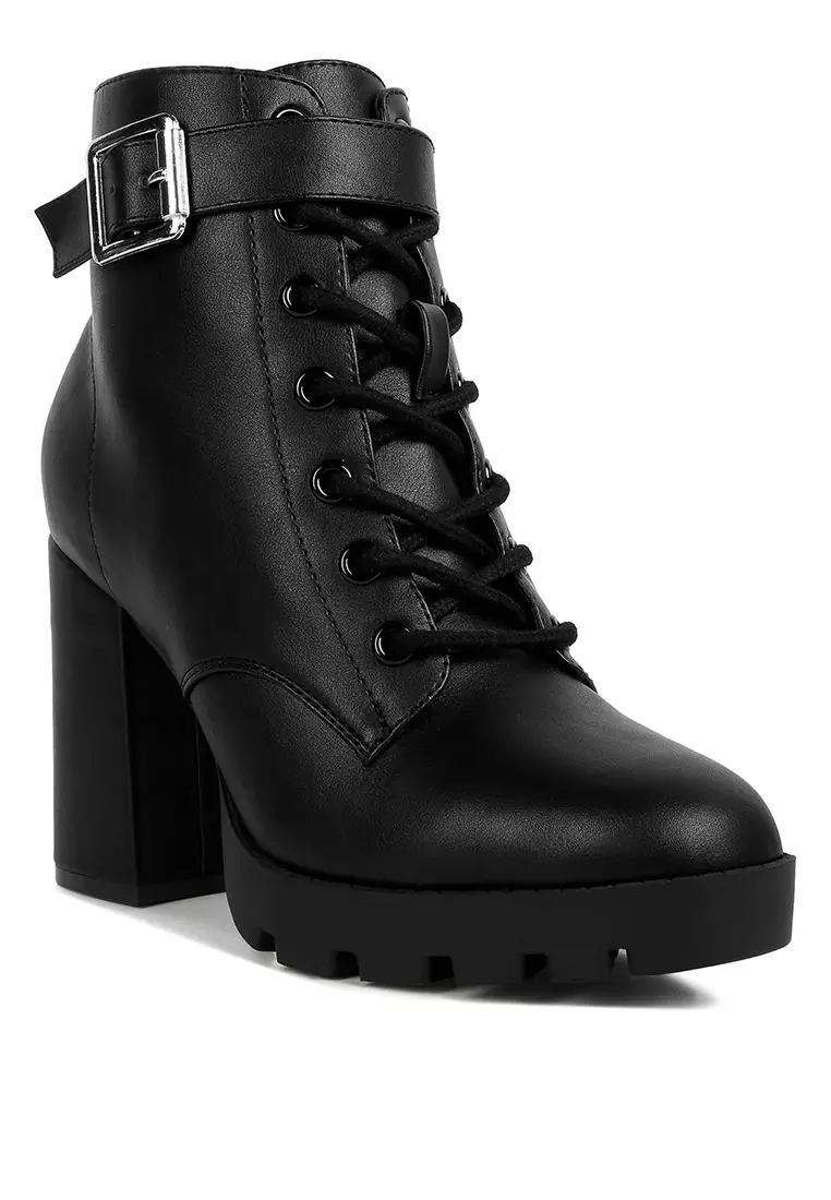 Black Faux Leather Lace Up Boots