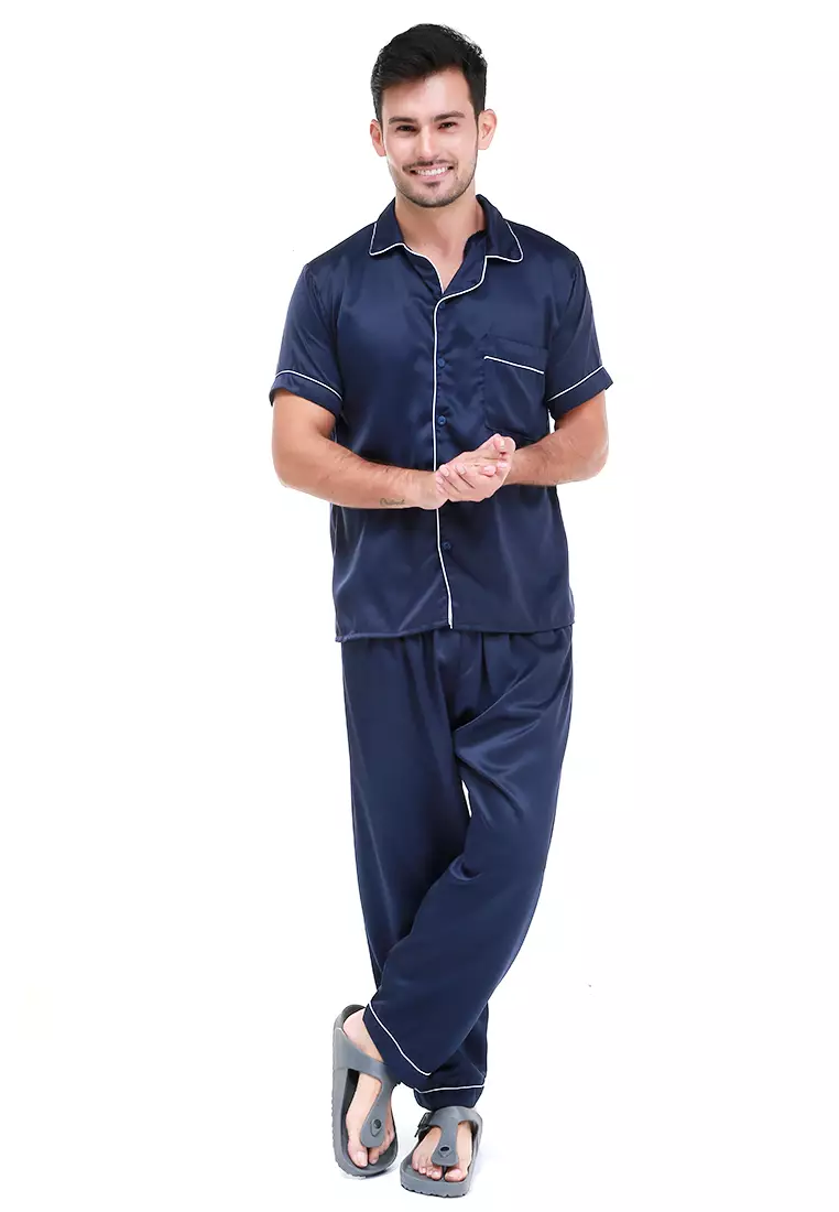 Klicin Setelan Baju Tidur Pendek Piyama Pria Plain One Set Sleepwear Pajamas Material Satin ORIGINAL - Navy