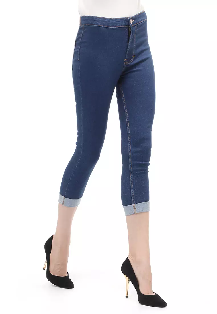 Jeans 7/9 Bawahan Wanita High Waist Design Simple Relaxed Fit - Elblue