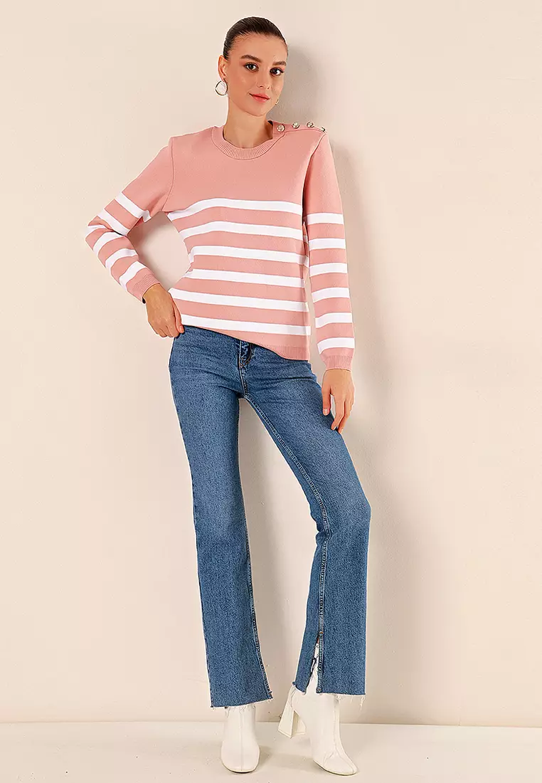 Button Detail Striped Sweater Powder