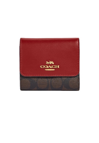 Buy COACH Coach Small Trifold Wallet In Blocked Signature Canvas Brown 1941  Red CE930 2023 Online | ZALORA Singapore