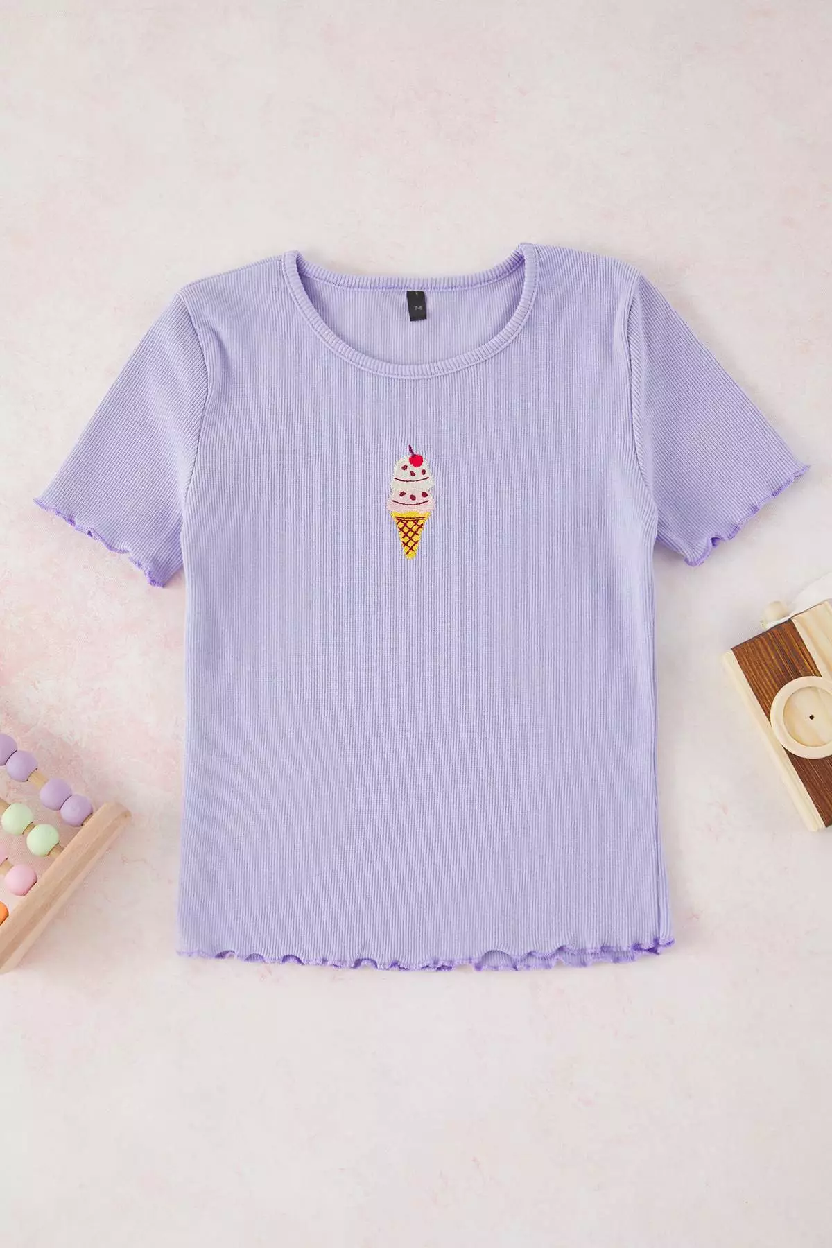 Lilac-Yellow Embroidered Girls' Knitted T-Shirt Tkdss25Ts00027