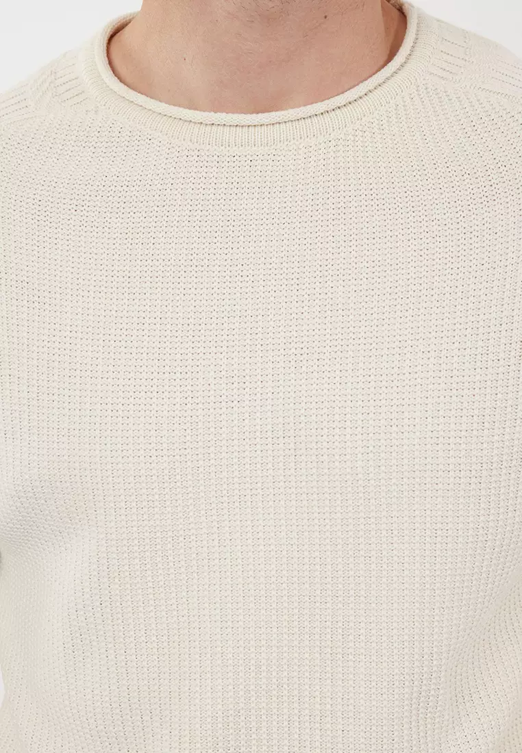 Ecru Slim Slim Fit Crew Neck Textured Knitwear Sweater TMNAW22KZ0380