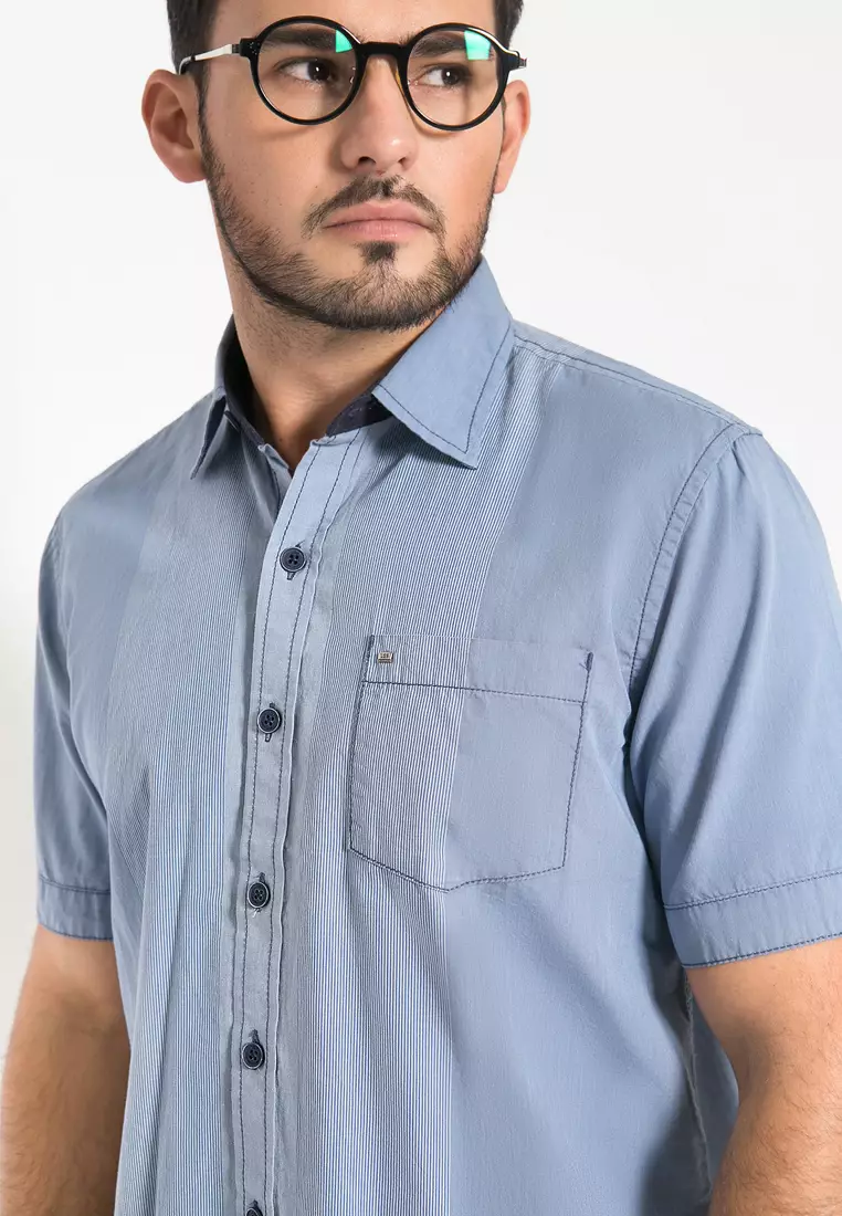 LGS - Kemeja Casual Pria Salur Polos Warna Biru CSH.270.S570.1107.C