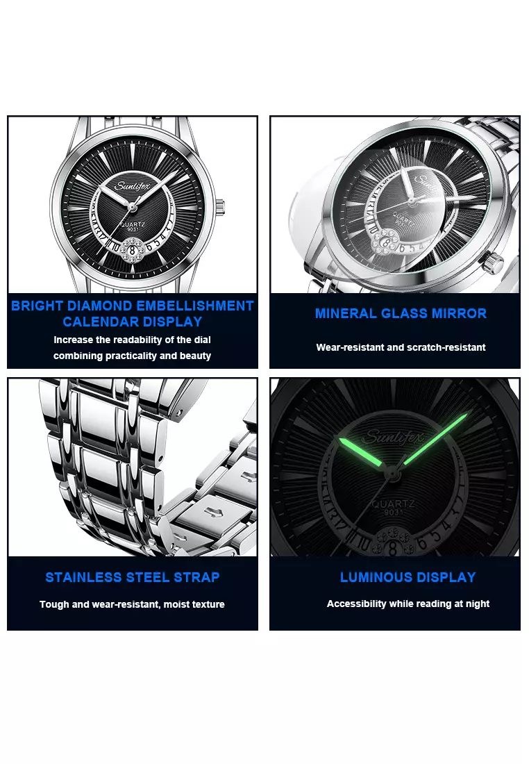 Jam Tangan Pria 9031 Original Luxury Stainless Steel Jam Tangan Cowok black