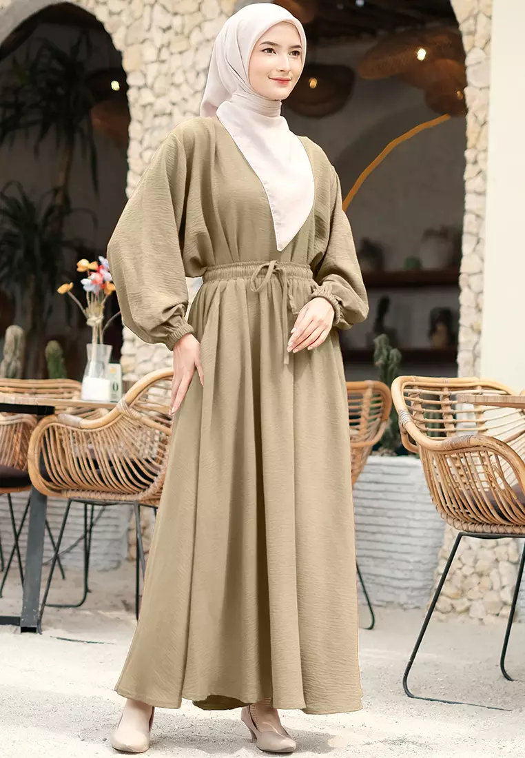 JV Hasanah Set Rok Baju Kurung Selena Beige | Setelan Rok Crinkle Jumbo Busui