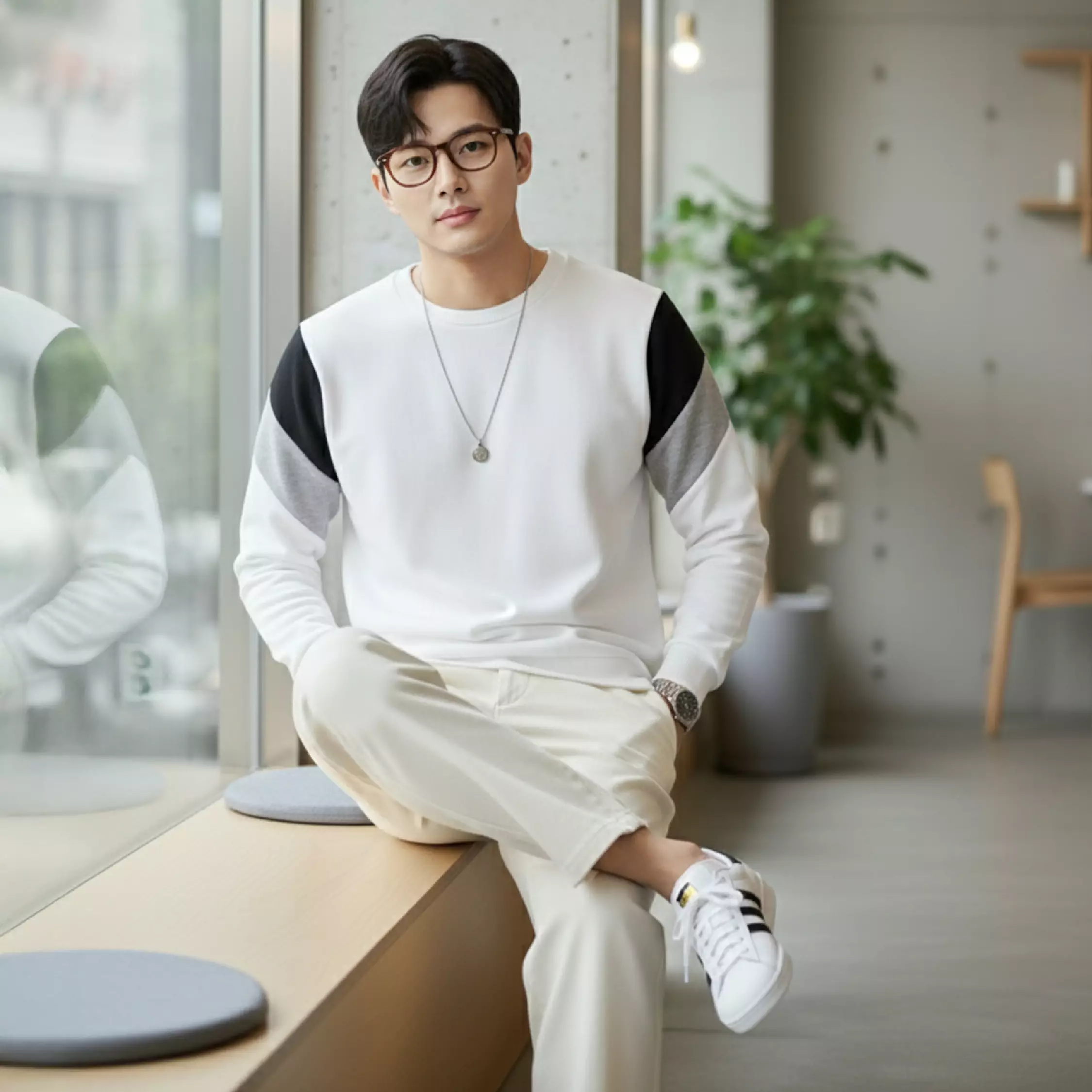 Kale Dael White Black / Sweater Pria Bahan Baby Terry Premium Kombinasi