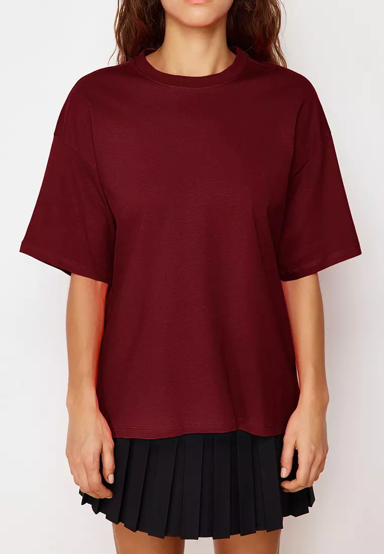 Claret Red 100% Cotton Premium Oversize/Wide Pattern Crew Neck Knitted T-Shirt TWOSS23TS00040
