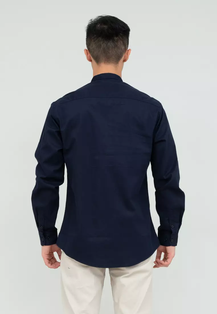 Houseofcuff kemeja Koko Lengan Panjang Pria Navy Gelap Saku Kancing