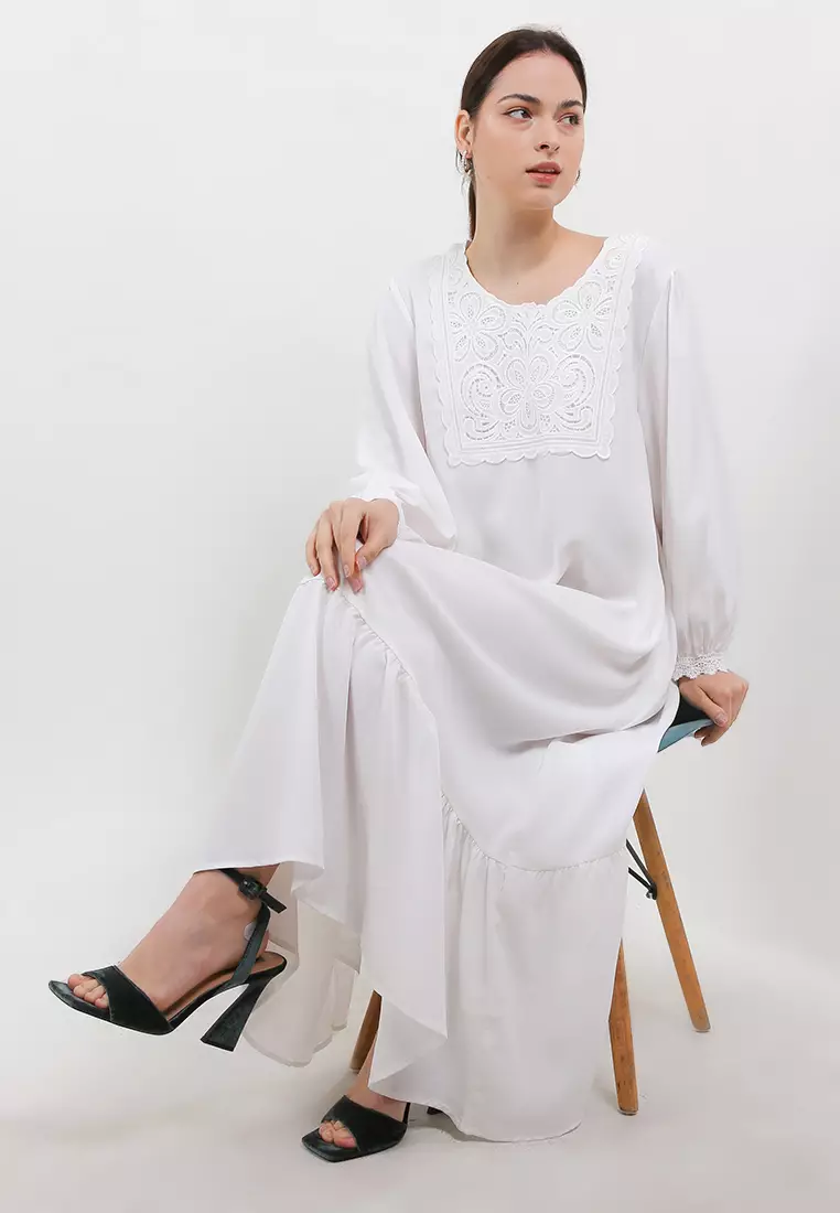 L/S Ruffle Hem Emb & Lace Detail Long Dress