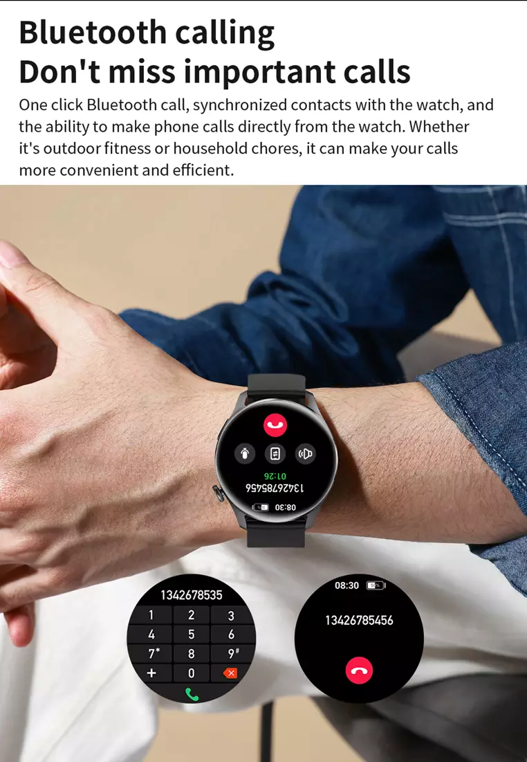 Smartwatch 1.53 inch TFT Screen Full Touch Jam Running Pria  IP67 Waterproof 100+Sports Modes Bluetooth Call black