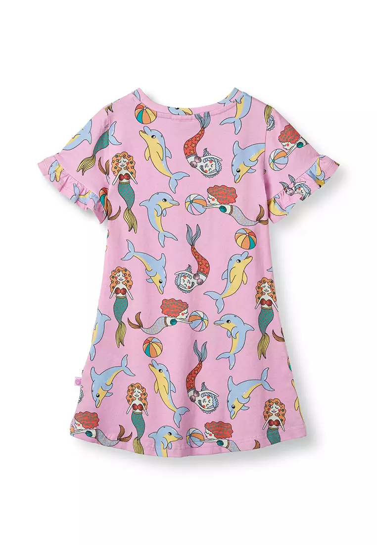 Short-sleeved dress with mermaids and dolphins