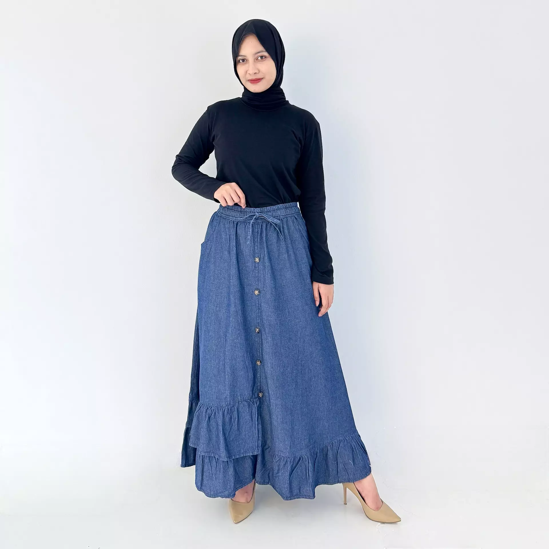 Rok Soft Jeans Nayra [BIRU TUA] Fit to 65 Kg