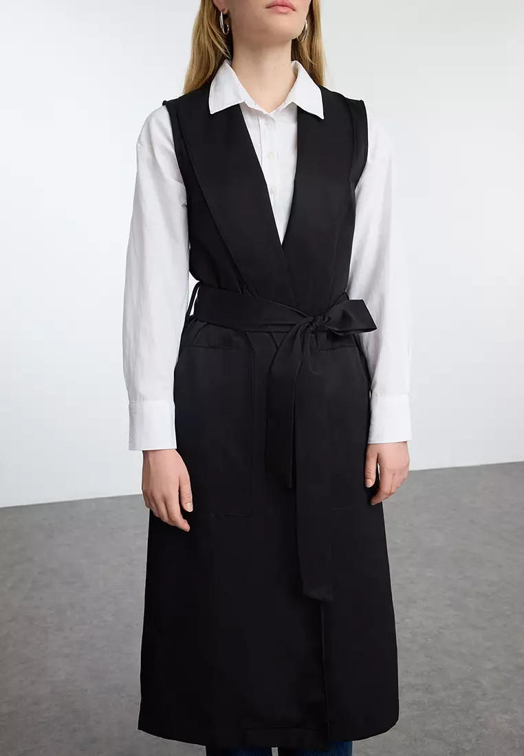 Long Black Shawl Collar Vest - Tctaw25Yl00003