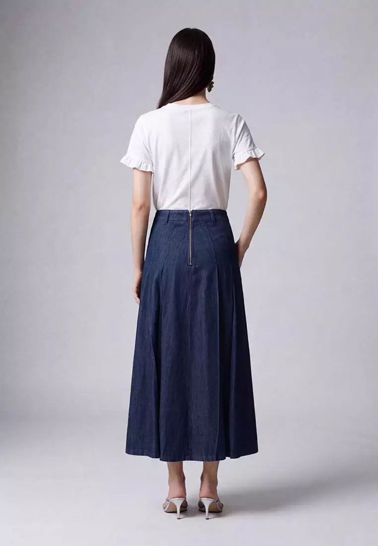 Denim A-Line Midi Skirt With Belt Cotton Blend Loose