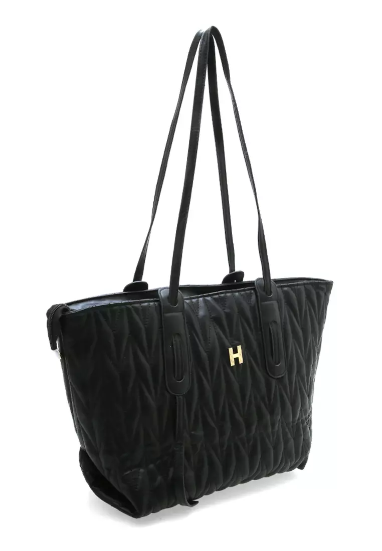 Laura Tas Kerja Wanita Tote Bag Motif Polos Large Compartment Material Leather ORIGINAL - Black