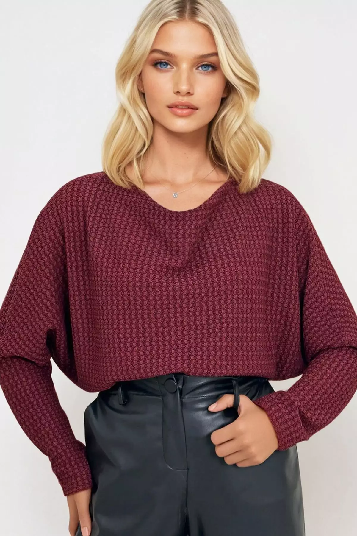 Women's Burgundy Degaje Collar Wide Cut Knitted Blouse