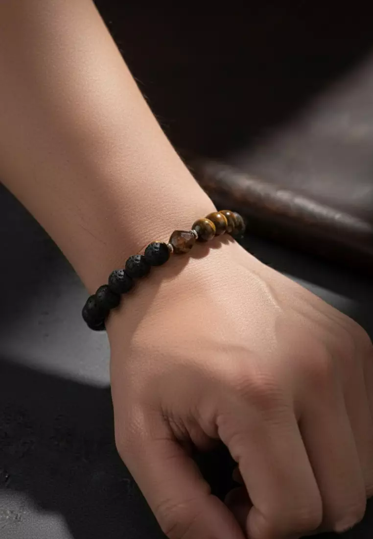 Aksesoris Gelang Pria Cats Eye, Lava & Red Agate Center Bracelet Black, Brown & Rusty Red