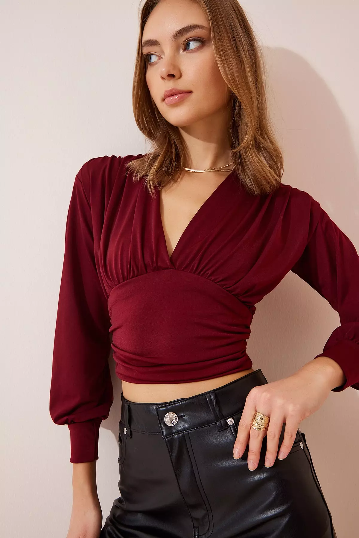 Deep V-Neck Long Sleeve Blouse