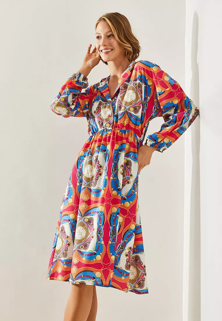 Women's Elastic Waist Chain Patterned Hooded Dress 21805 60251727