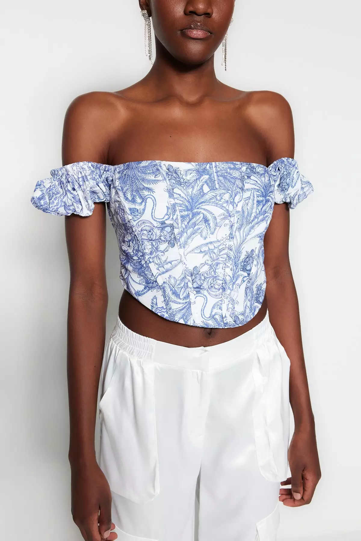 Corset Detailed Poplin Floral Bustier Top