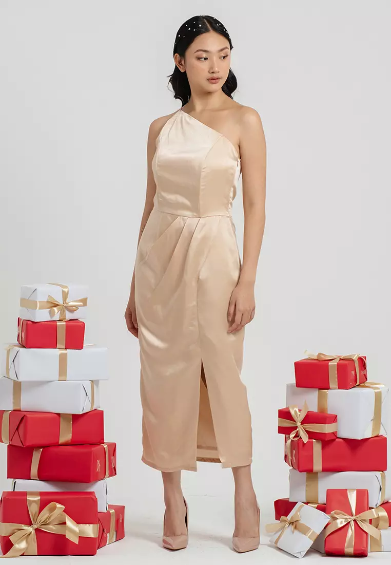 Pleated Waist One Shoulder Dress in Gold