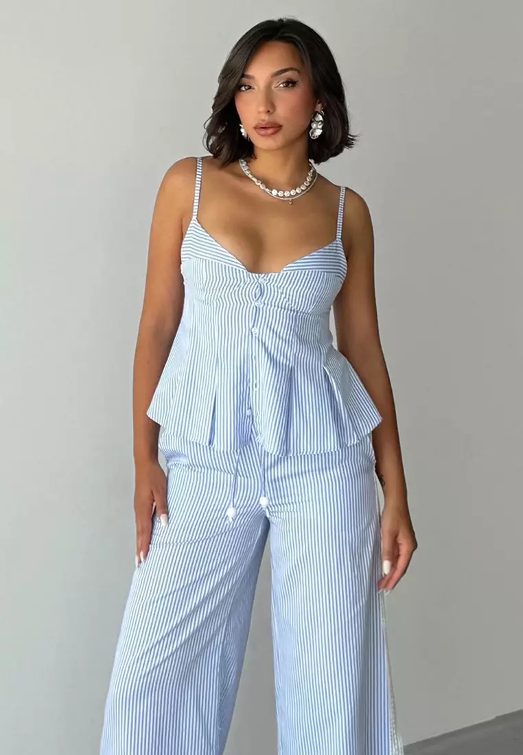 Blue Striped Strap Blouse Pants Bottom Top Set