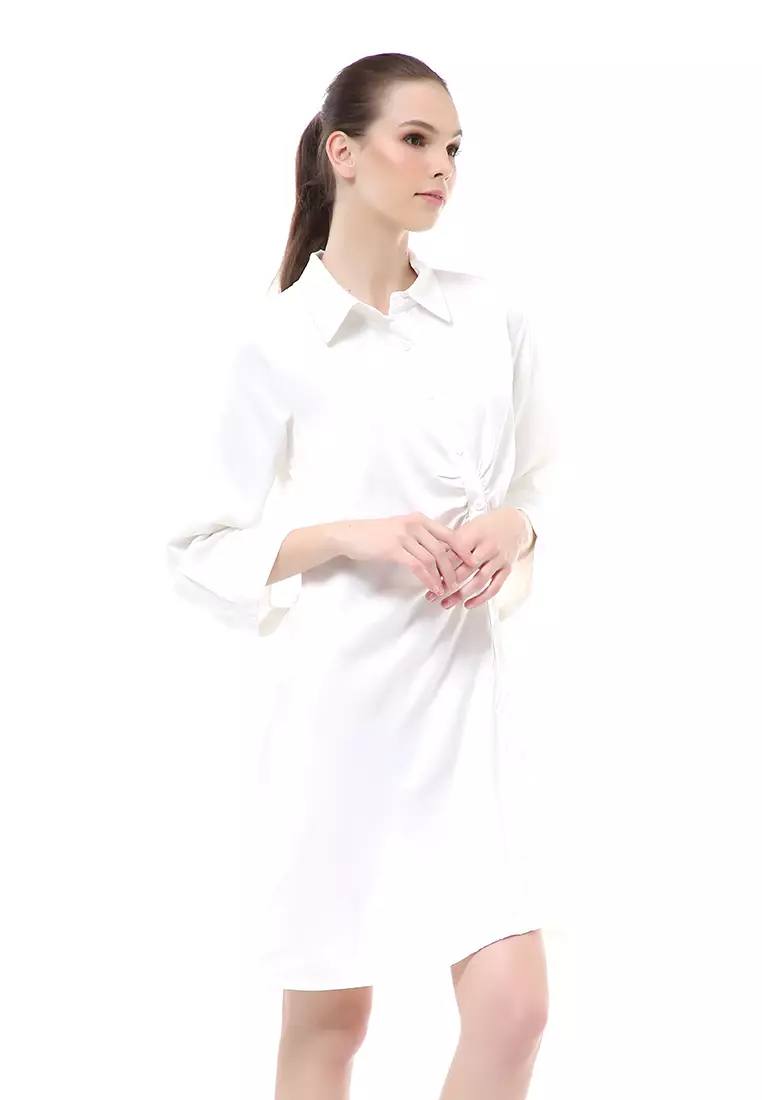 Rachel Korean Slim Vintage Dress Wanita Desain Elegant Material Satin ORIGINAL - White