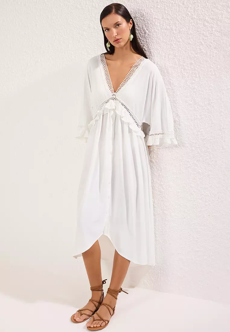 Ecru Maxi Woven Flounce Beach Dress TBESS25EL00075