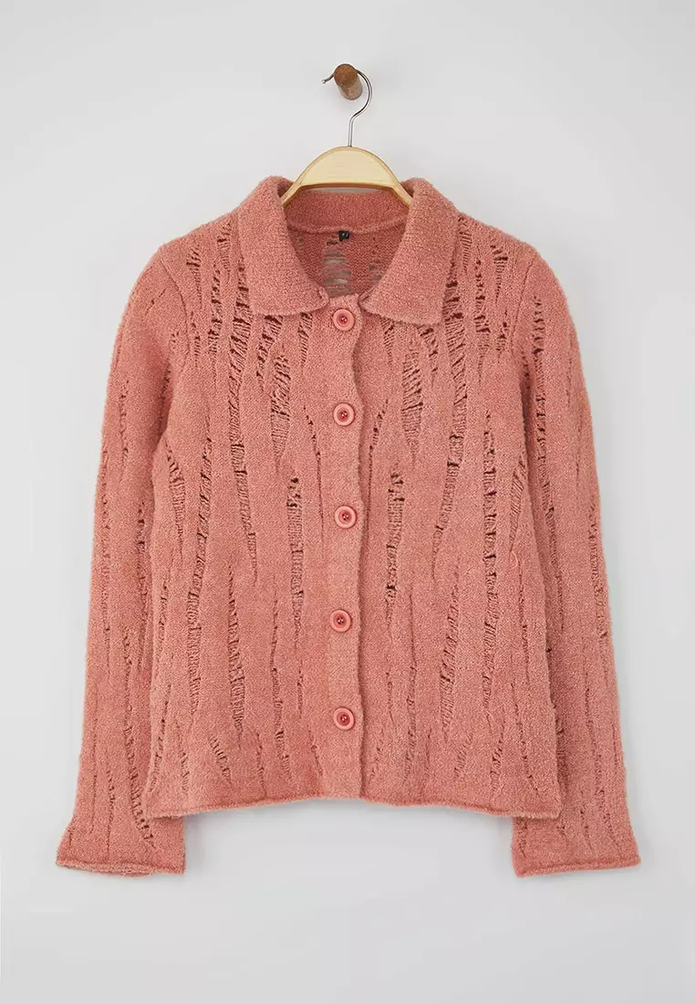 Dusty Rose Openwork/Hole Boucle Yarn Knitwear Cardigan Twoaw26Hi00192