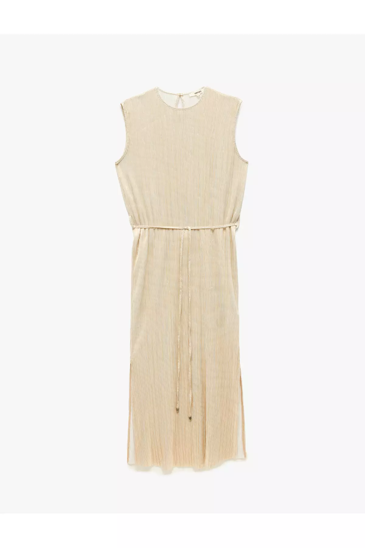 Sleeveless Crew Neck Slit Detail Shiny Pleated Pleated Long Dress With Belt