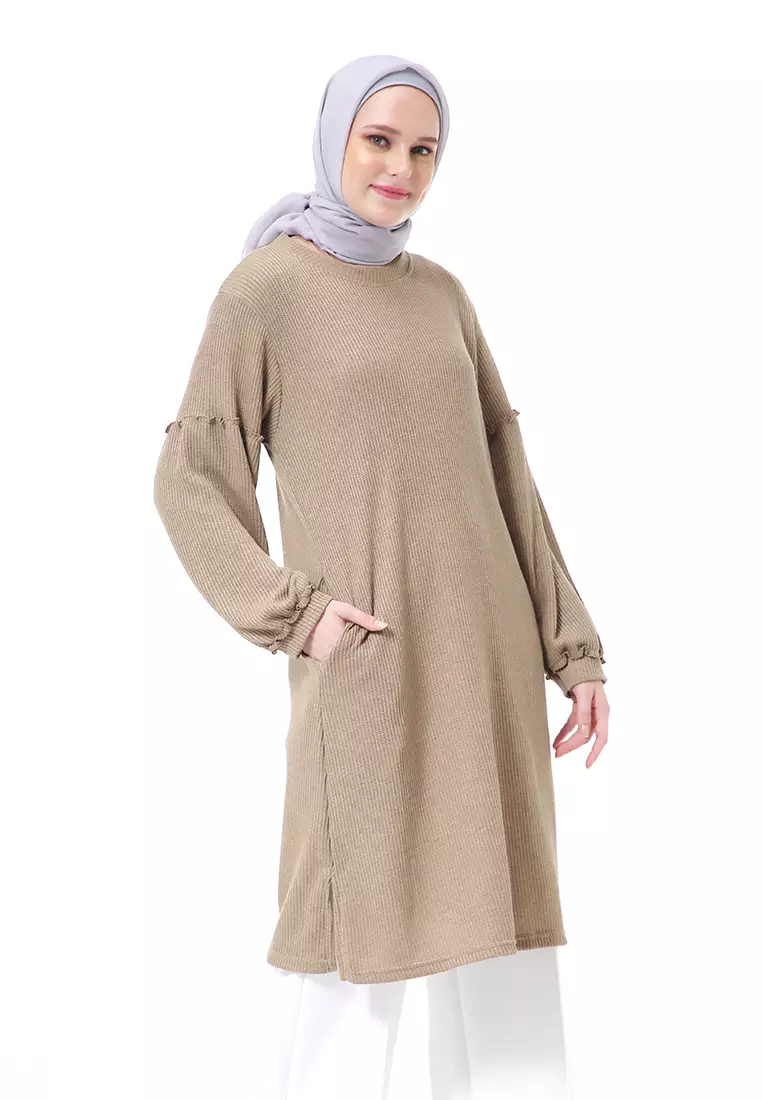 Layvina Tunik Polos Muslimah Lengan Panjang Premium High Quality Fashion - Peanut