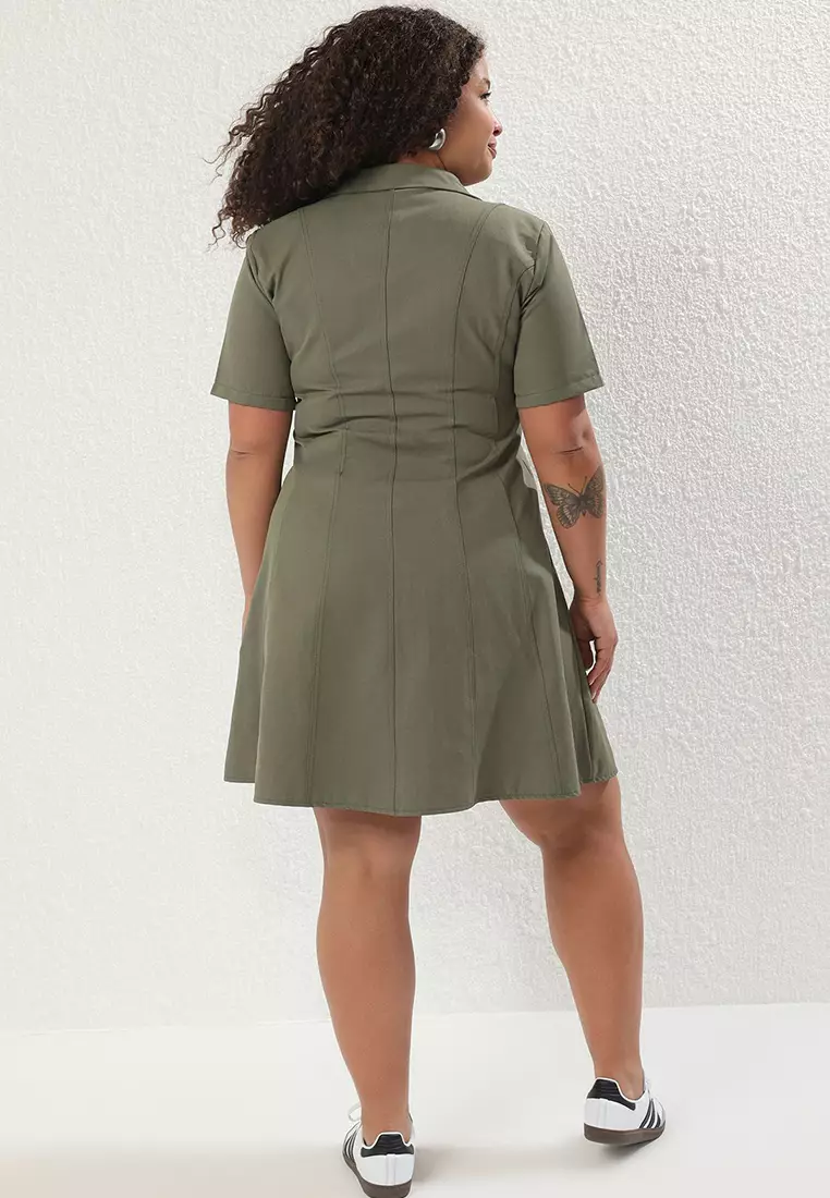 Khaki Gabardine Woven Mini Plus Size Dress Tbbss25Ah00205